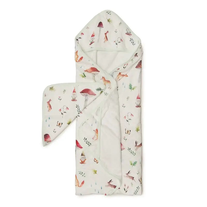 Loulou Lollipop Hooded Towel Set: white hooded baby towel with woodland prints, two-piece bath duo