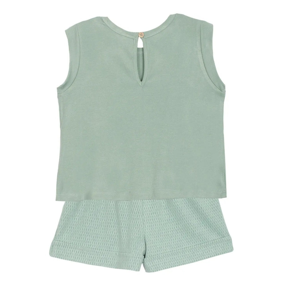 Mabel and Honey Sydney Textured Knit 2 pc Set Green: mint sleeveless top with back button and textured shorts.