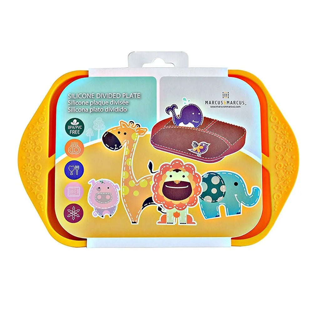 Marcus & Marcus Divided Plate, bright yellow BPA-free silicone tray with playful animal illustrations, displayed in packaging