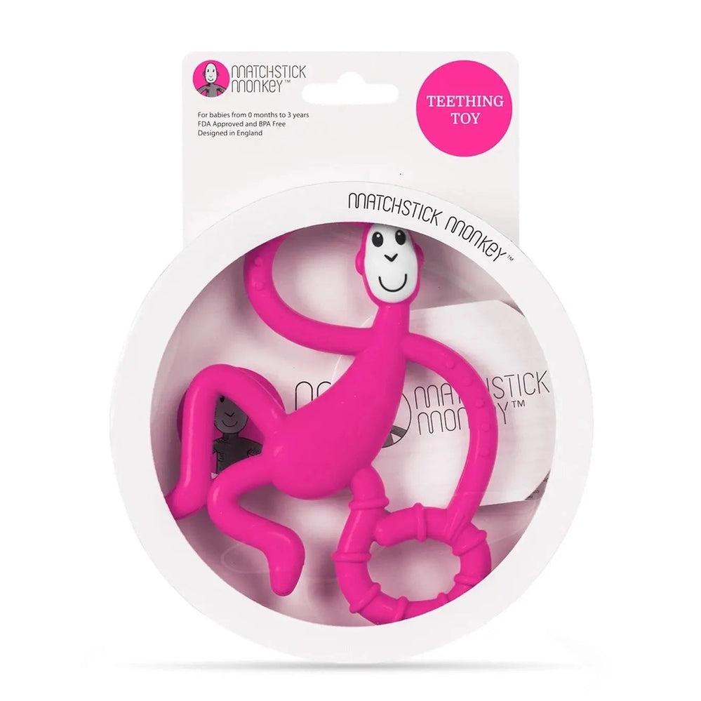 Matchstick Monkey Dancing Monkey Teether in pink silicone, dancing pose with curved limbs and attached textured ring.