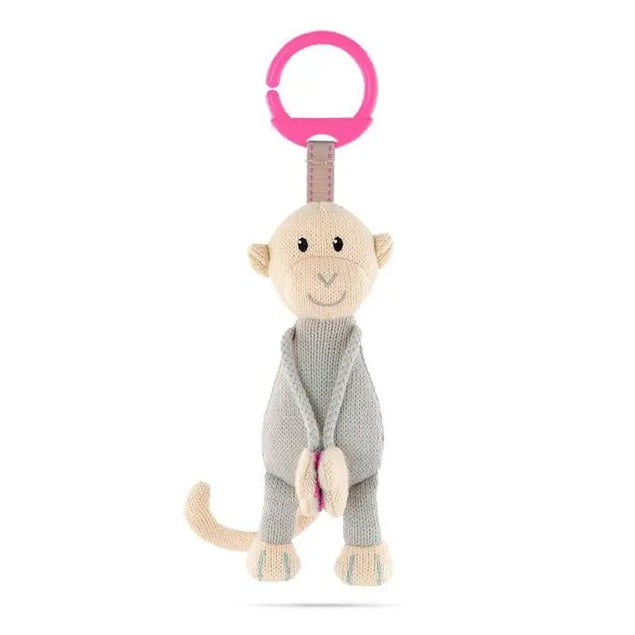 Matchstick Monkey Knitted Hanging Monkey Toy with grey sweater and pink ring teether, shown hanging for baby use.