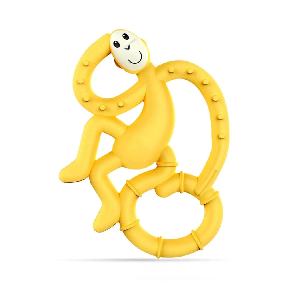 Matchstick Monkey Mini Monkey Teether in yellow silicone with a textured circular ring and friendly smile.