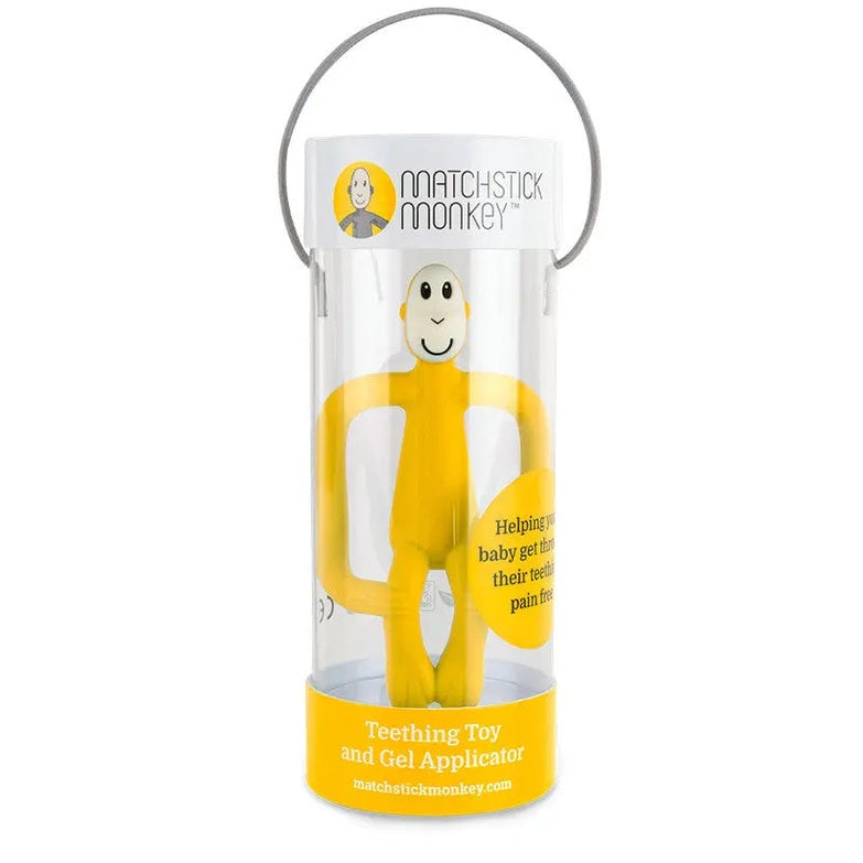 Matchstick Monkey Teething Toy in yellow shown inside a clear cylinder with metal handle highlighting its grippable limbs.