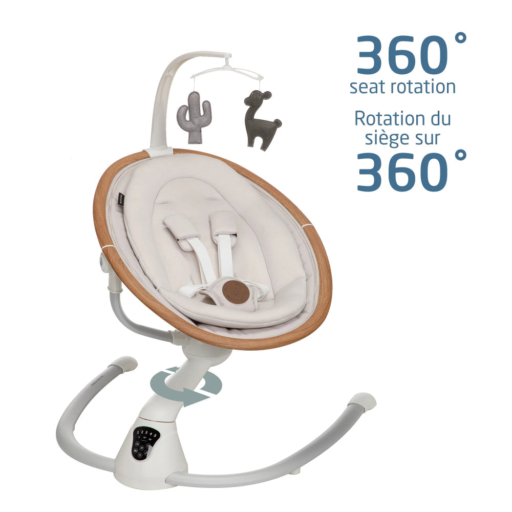 MAXI COSI Cassia Swing with 360° seat rotation, wood-rimmed white padded seat and overhead toys