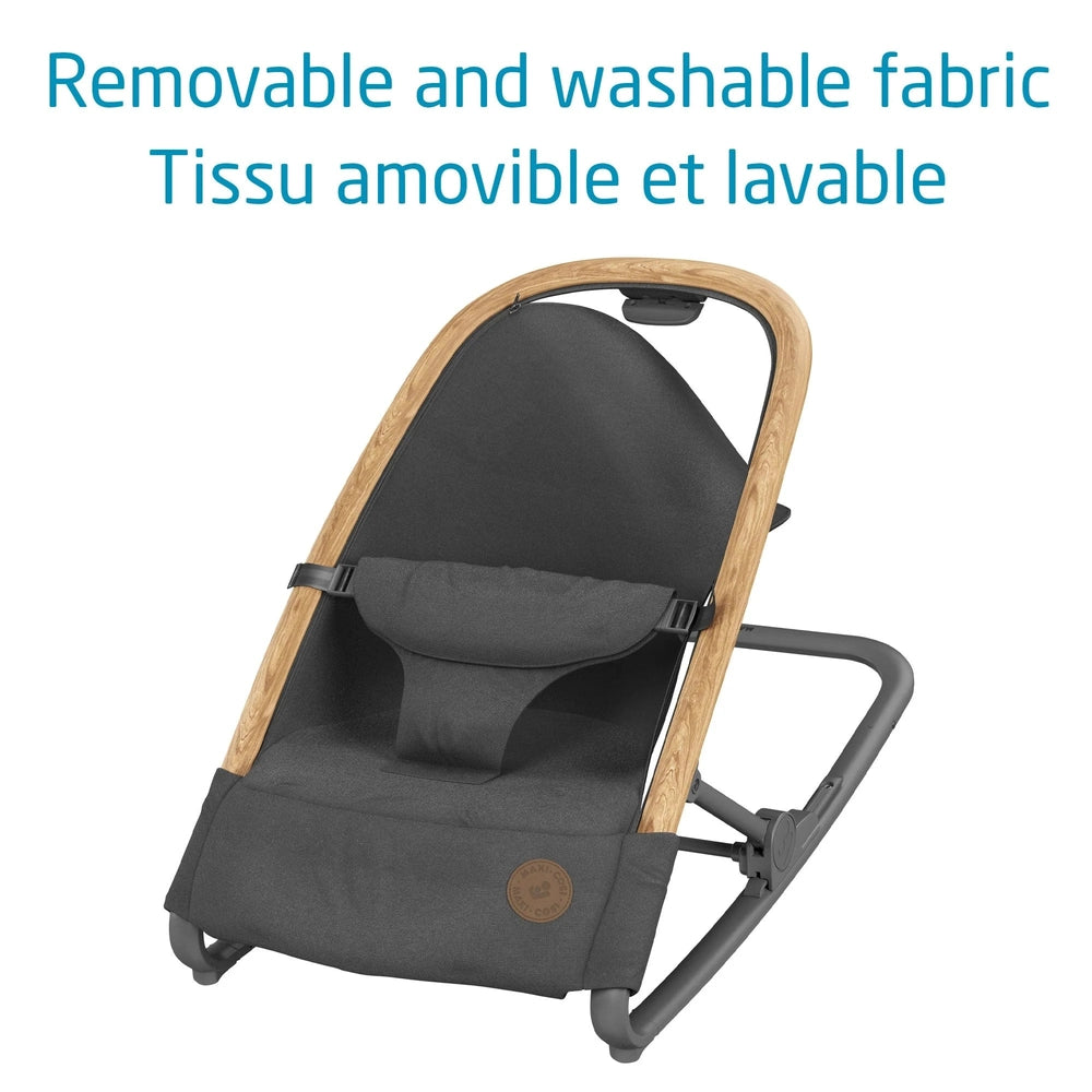 Maxi Cosi Kori Rocker in dark gray fabric with wood frame; removable washable cover