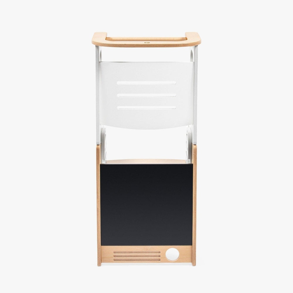 Maxi Cosi Toucan 3-in-1 learning tower with white frame, natural wood accents and black base panel
