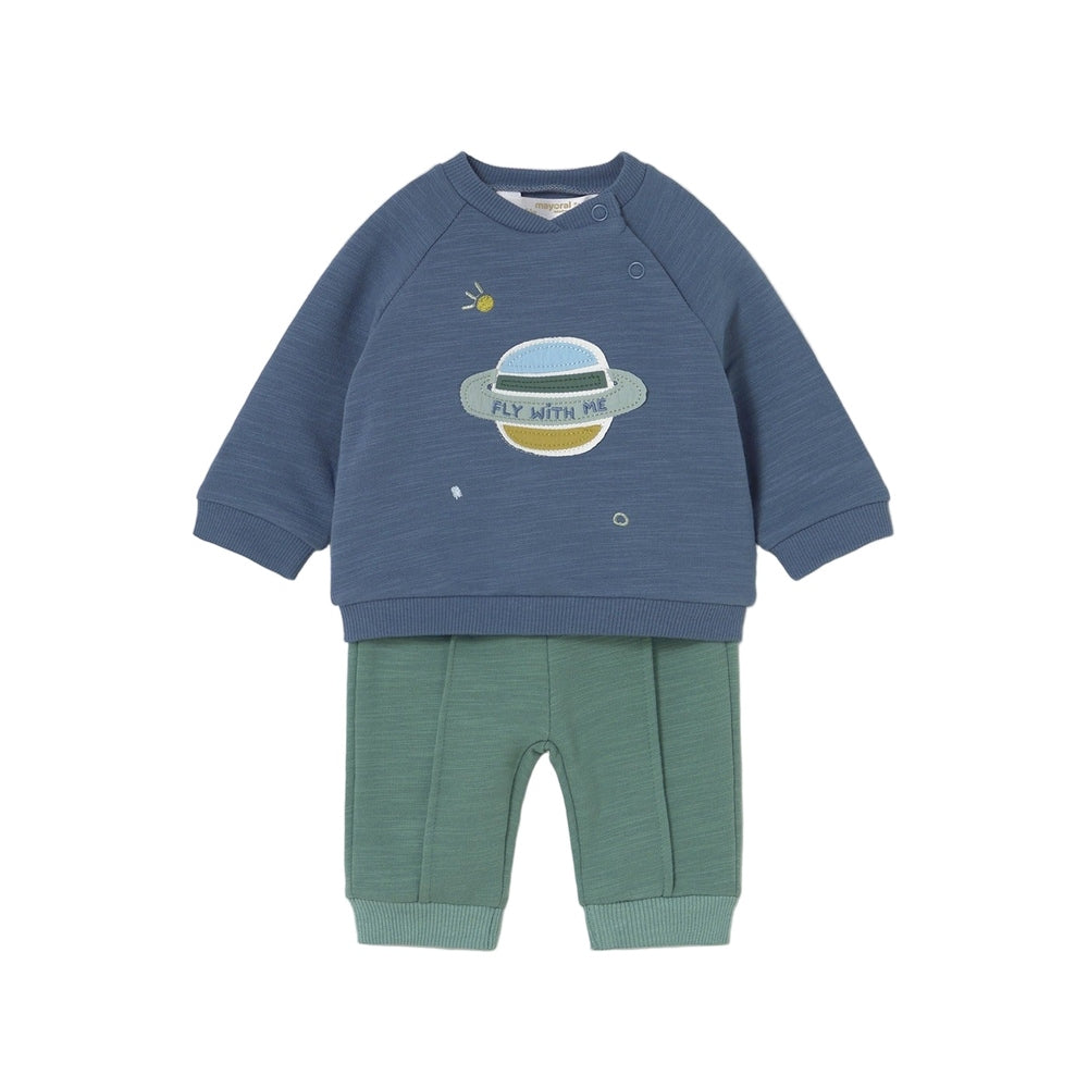 MAYORAL 4-piece space knit set for babies: blue sweatshirt with planet patch and green jogger pants