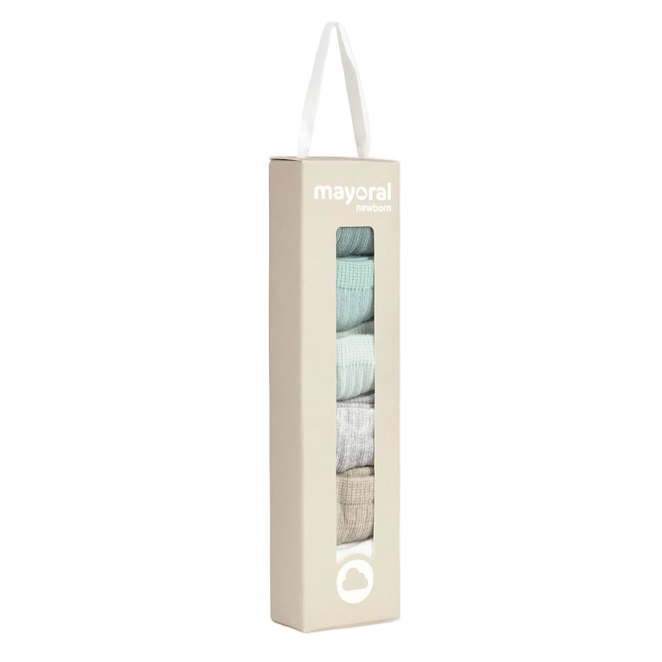 Mayoral newborn 6-pack socks in pastel greens, blues, grays and beige in a window box