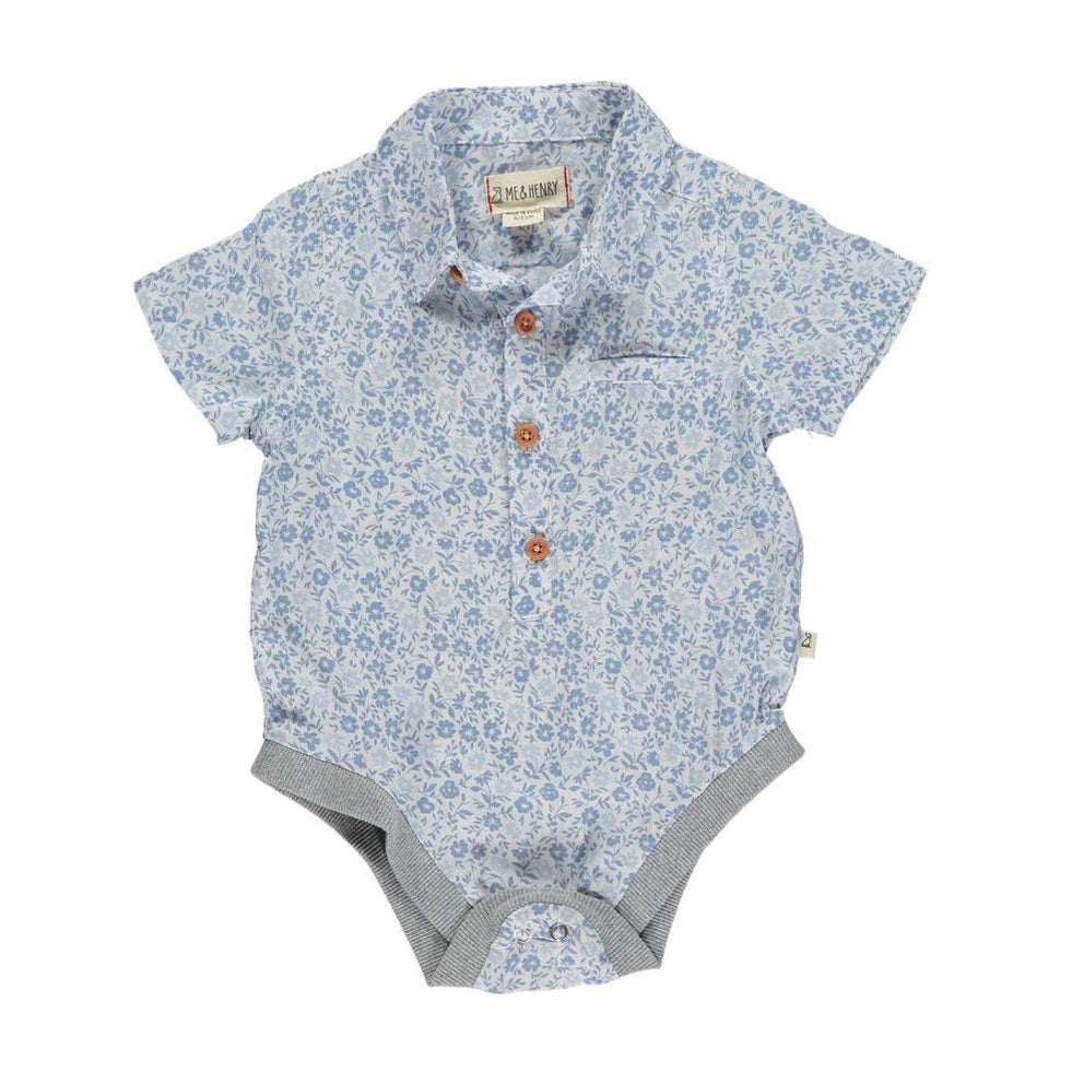 Me & Henry Helford blue floral woven onesie with brown buttons, short sleeves