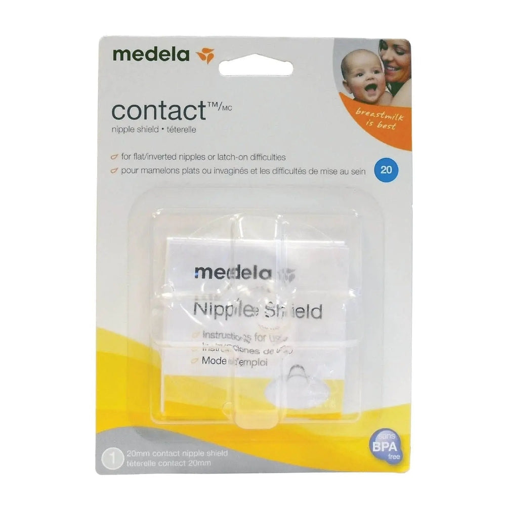 Medela Contact Nipple Shield in clear packaging, BPA-free 20mm shield for nursing.