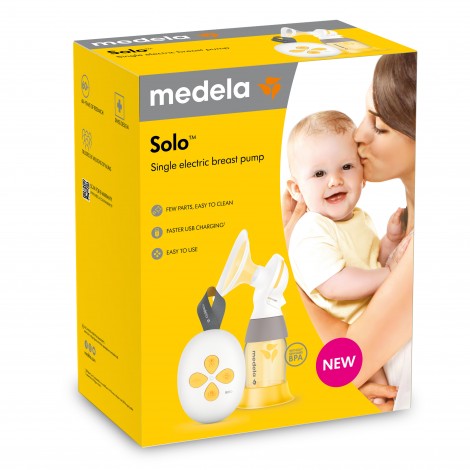 Medela Solo single electric breast pump on bright yellow packaging with mother and baby image