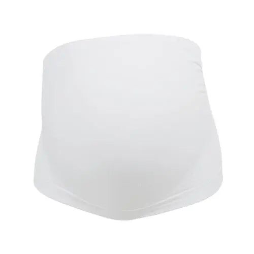 Medela Supportive Belly Band white maternity belt; shown wrapping around the torso for postpartum abdominal support.