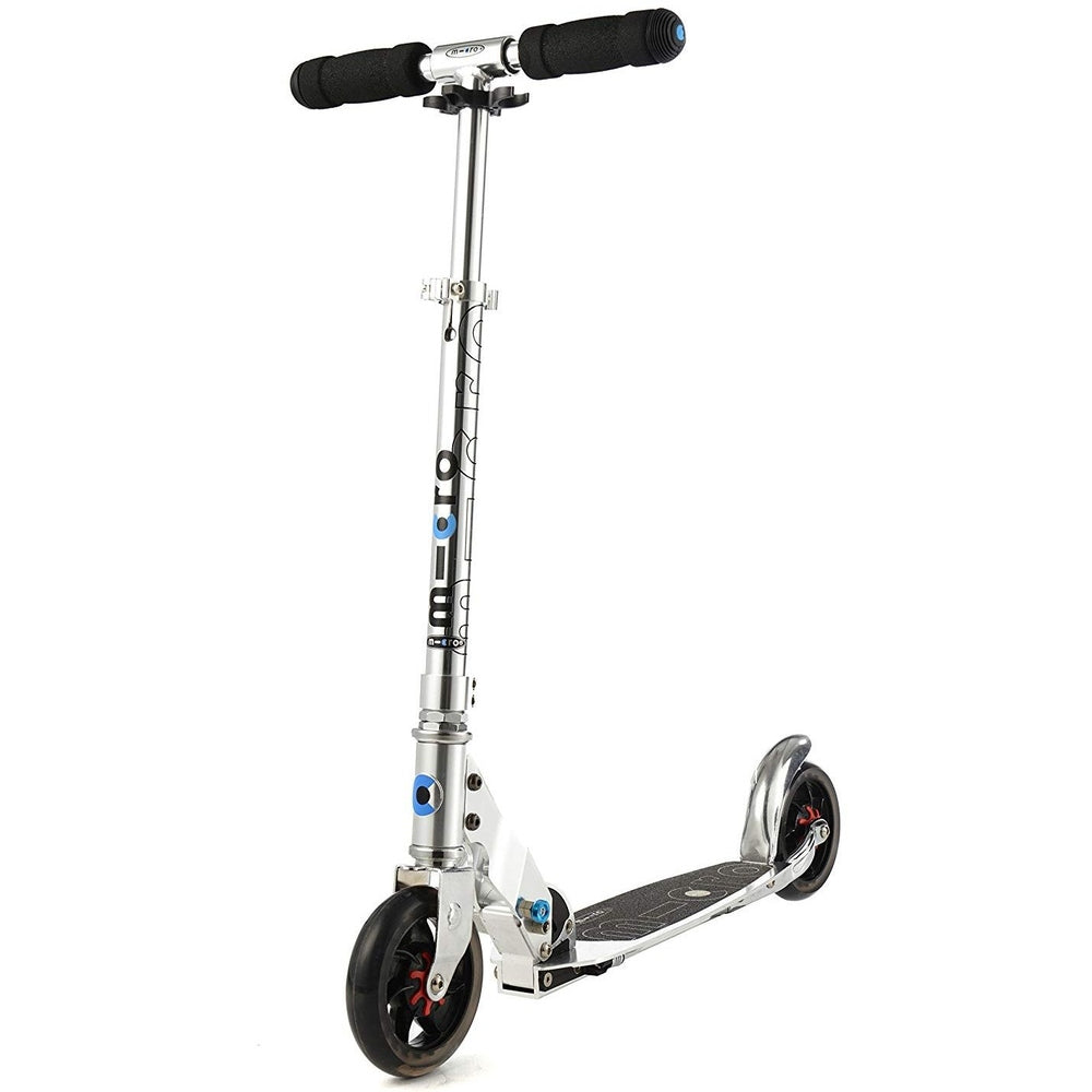 Micro Speed Scooter Pure Silver with aluminum frame, MICRO branding, black grip handles, large wheels