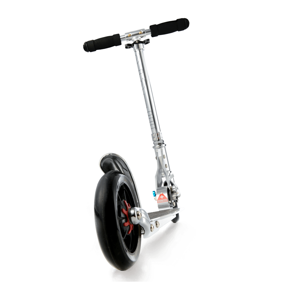 Micro Speed Scooter Pure Silver; MICRO brand, aluminum frame, large black wheel, foam grips