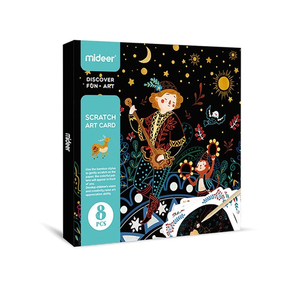 Mideer Scratch Art Card Boy set, 8 pcs, illustrated guitar-playing boy on a dark starry background