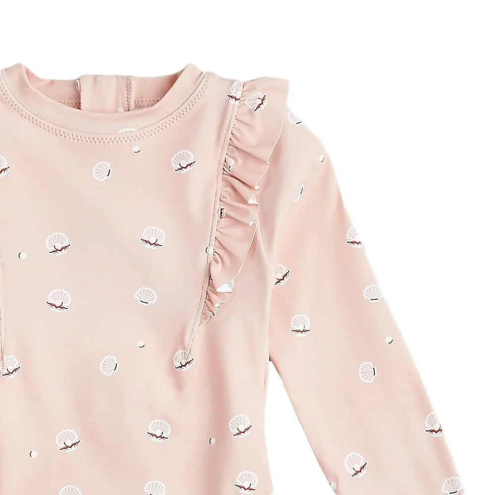 Miles The Label long-sleeve pink swimsuit with white shell prints and a ruffled shoulder detail