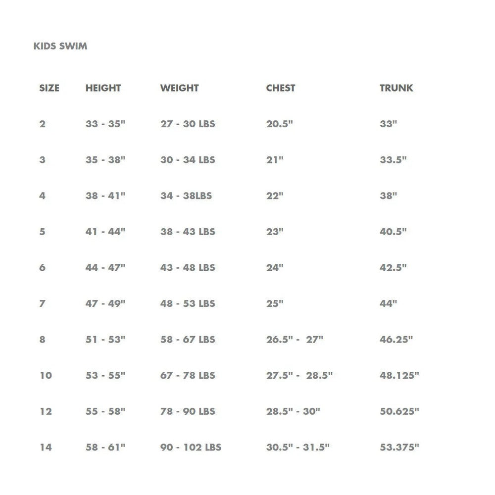 Miles The Label Ruffled Swimsuit Palm Trees size chart showing sizes 2–14 with height, chest, trunk measurements on a clean white page.