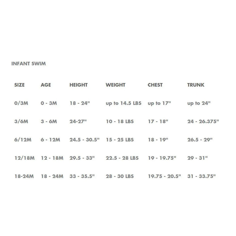 Miles The Label infant palm trees ruffled swimsuit size chart showing 0/3M–18-24M ranges.