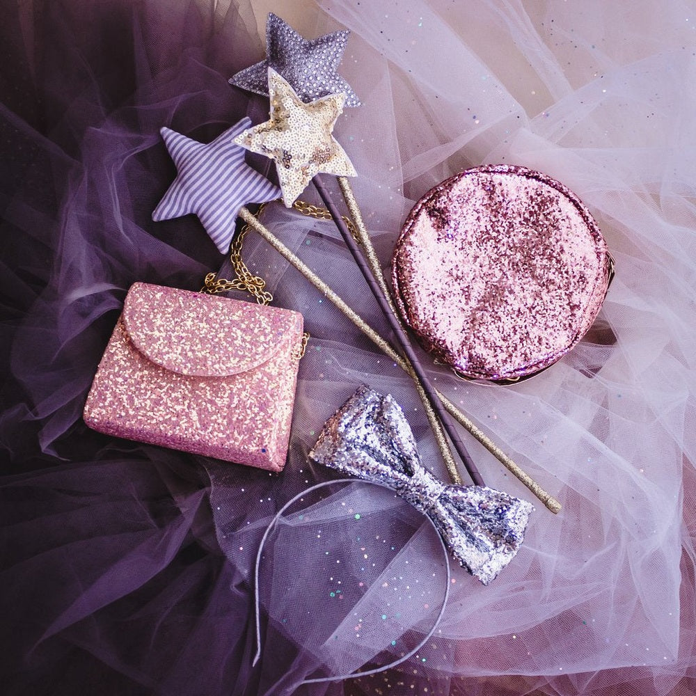 Mimi & Lula rose fairy wand set (3) with star toppers; pink glitter crossbody bag and round purse