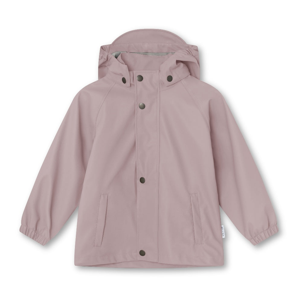MINI A TURE Matreinar Rain Set Violet Ice pink waterproof kids' jacket with hood and snap front.