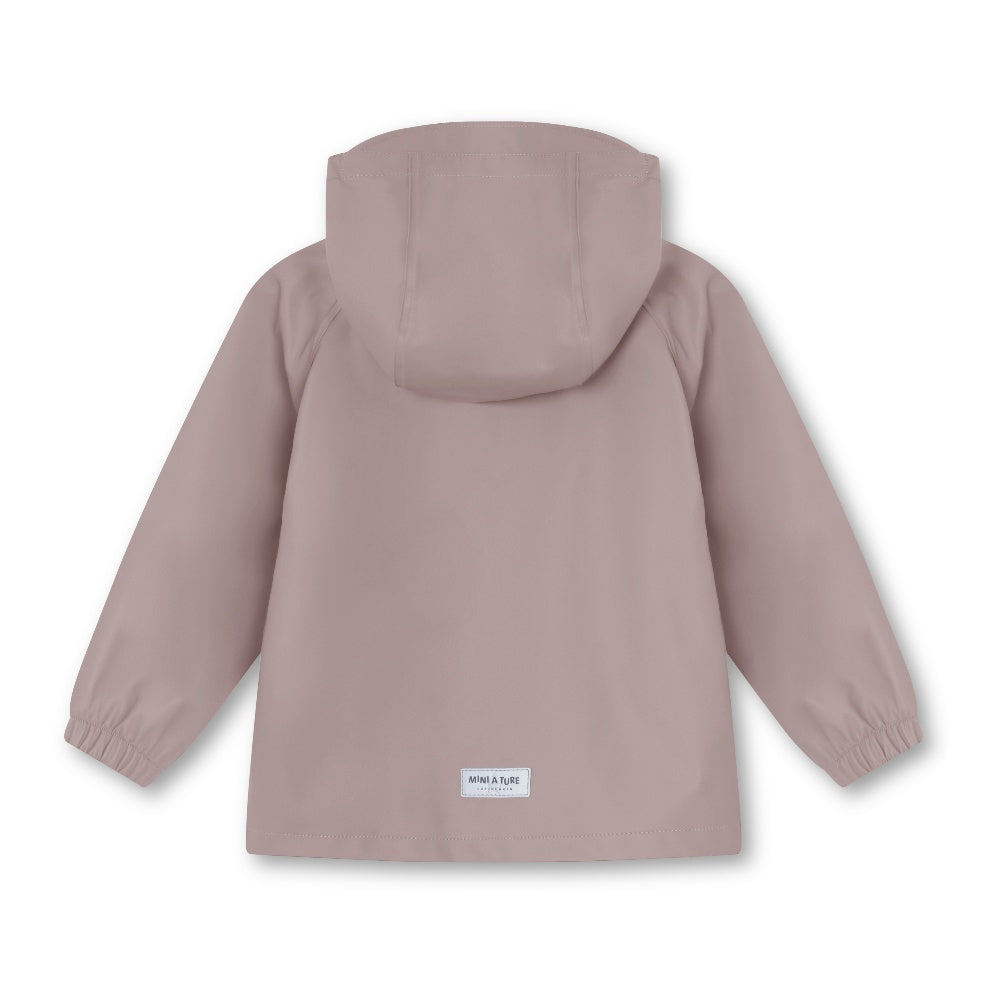 MINI A TURE Matreinar Rain Set Violet Ice back view of a hooded mauve kids' rain jacket with elastic cuffs.