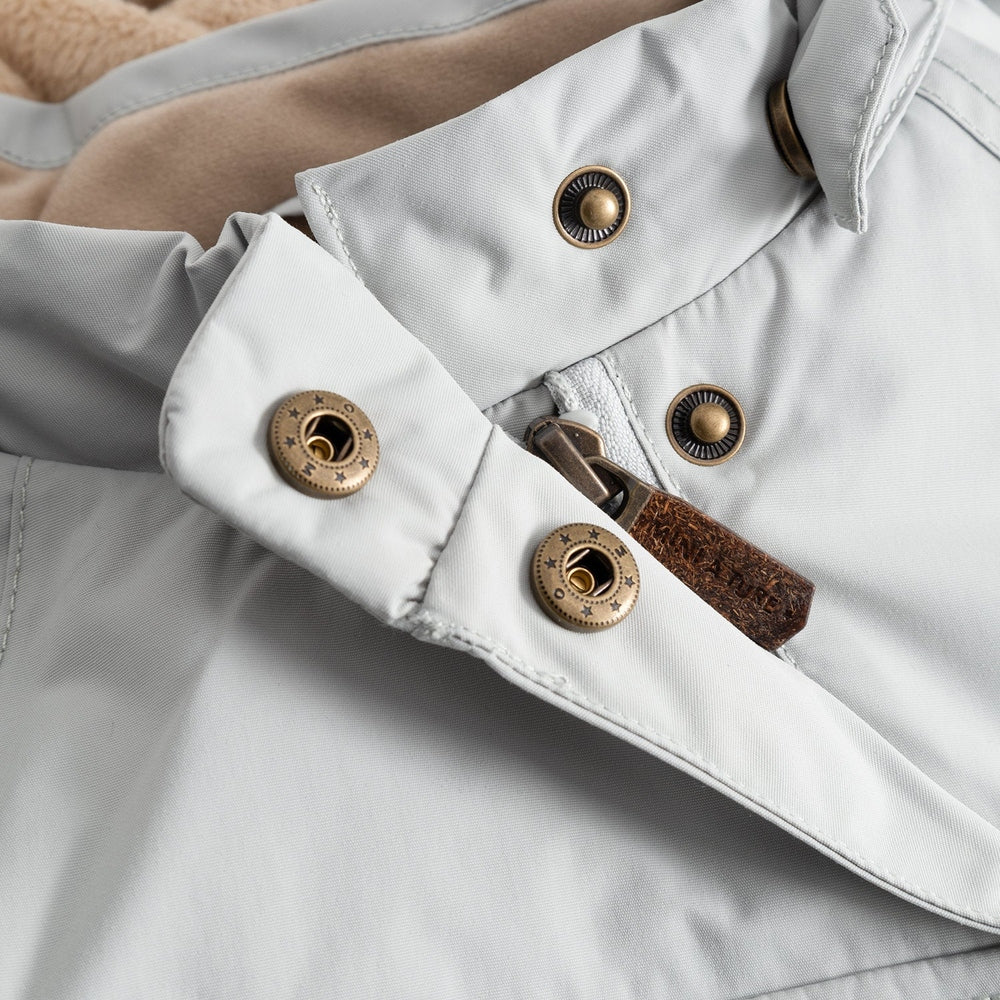 MINI A TURE Matwang fleece-lined winter jacket in Puritan Grey with brass snaps and leather zipper pull