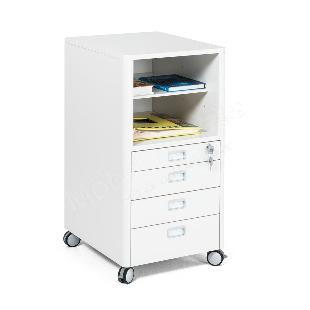 Moll Champion Cubicmax white storage cabinet on casters with open top shelf and five drawers