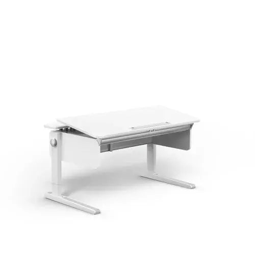 MOLL Champion Height Adjustable Desk Front Up, white with metal legs, showing its height-adjustment mechanism.