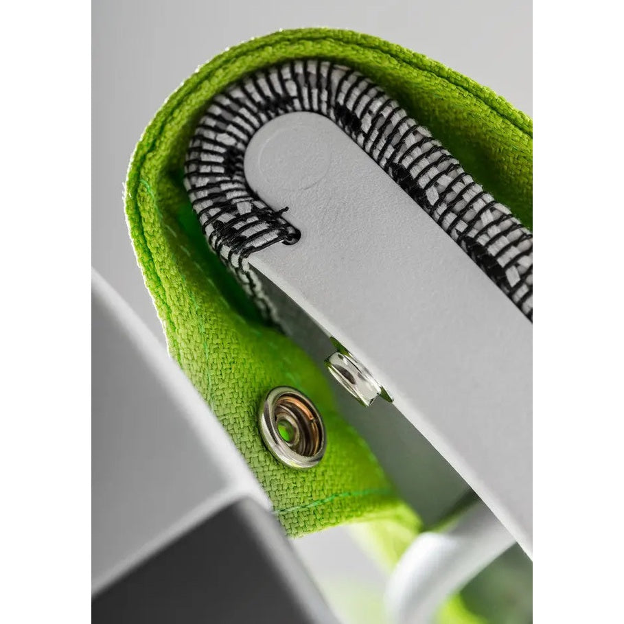 Moll Scooter Back Cushion, lime green fabric with gray frame; metal snap secures cushion to frame.