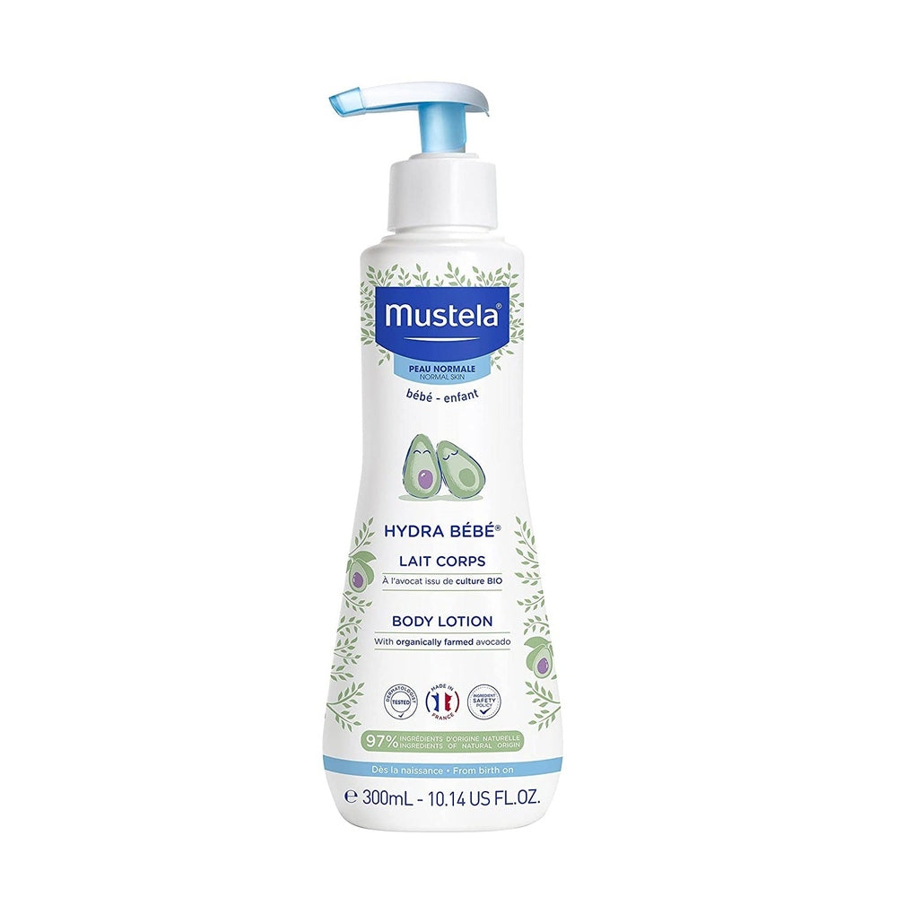 Mustela Hydra Bebe Body Lotion with Avocado 300 ml in a white bottle with blue pump, avocado-themed label