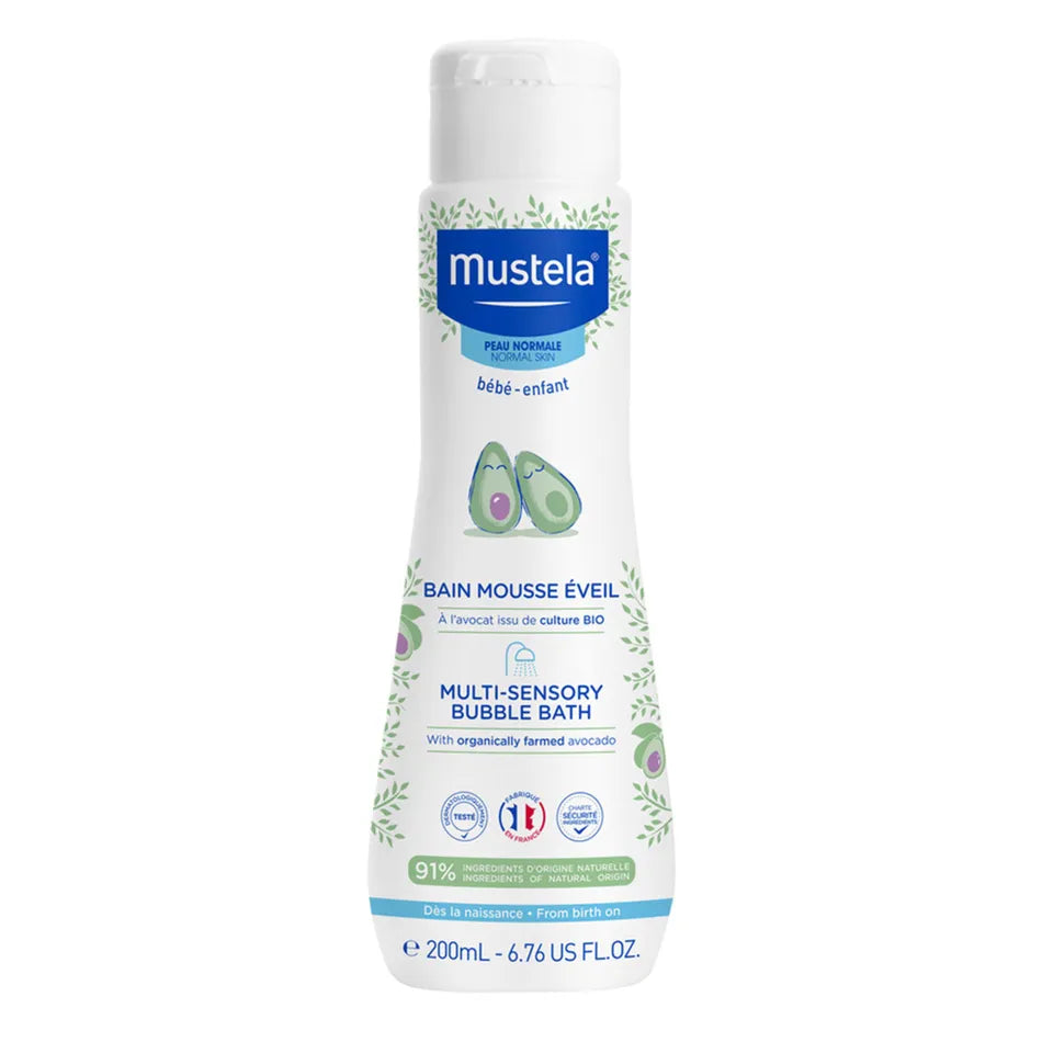 Mustela Multi-Sensory Bubble Bath with Avocado 200 ml bottle standing upright with avocado imagery.