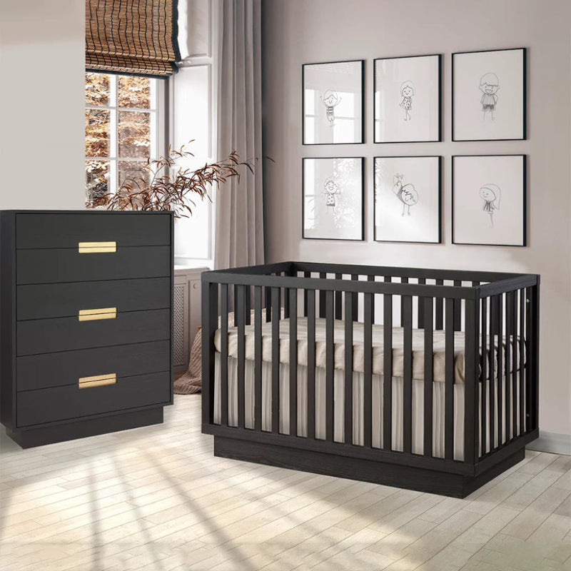 Natart Signature Series Como Classic Convertible Crib in black with a matching dresser in a modern nursery