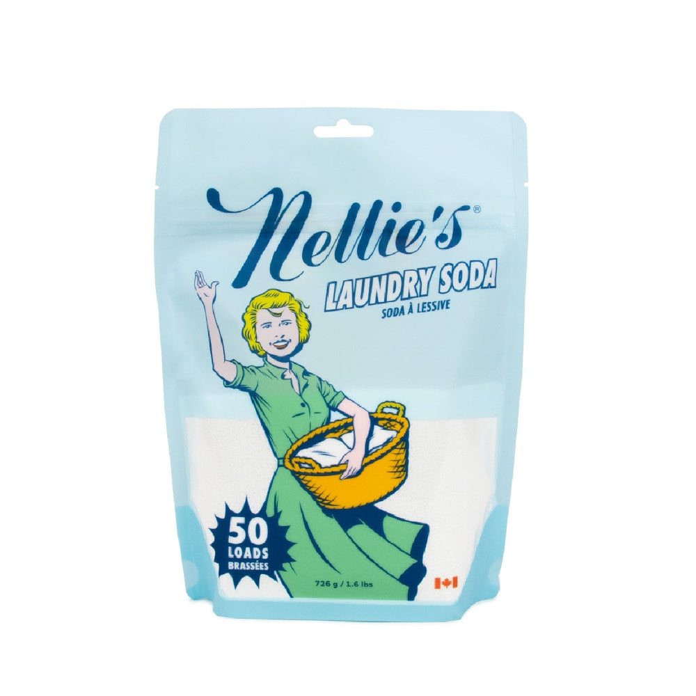 Nellie's Laundry Soda pouch, 50 loads, light blue packaging with Nellie's logo visible