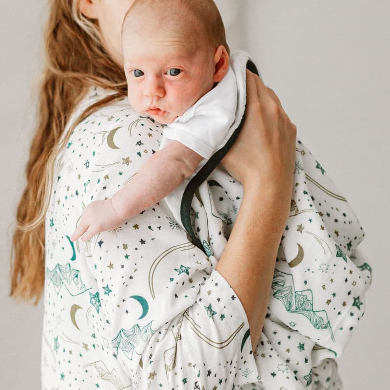 Nest Designs bamboo nesting baby blanket, white with teal stars and moons, 4-layer