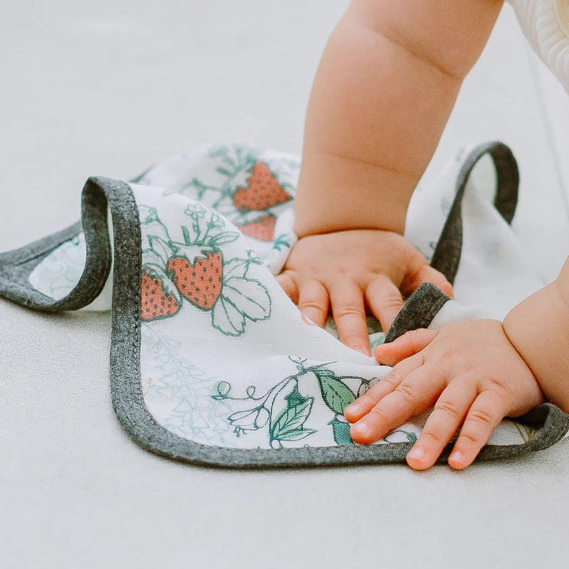 Nest Designs bamboo 4-layer baby washcloths, 3-pack; white with strawberry pattern and gray trim
