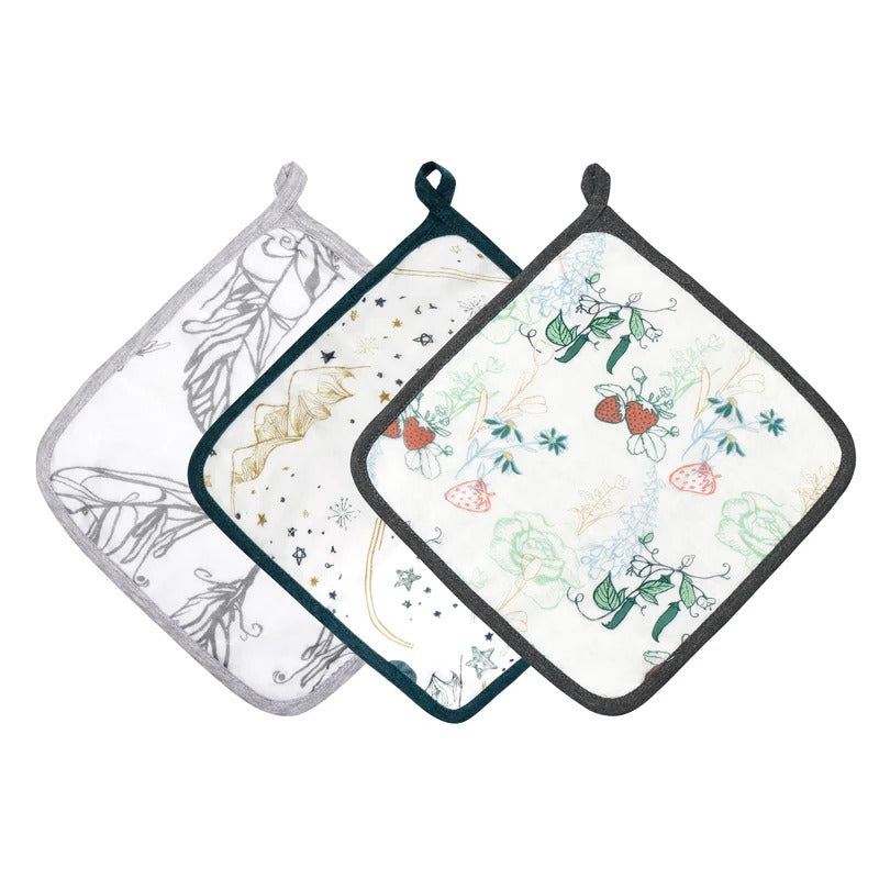 Nest Designs Bamboo 4-Layer Baby Washcloth Set, 3-pack with patterned prints and gray borders