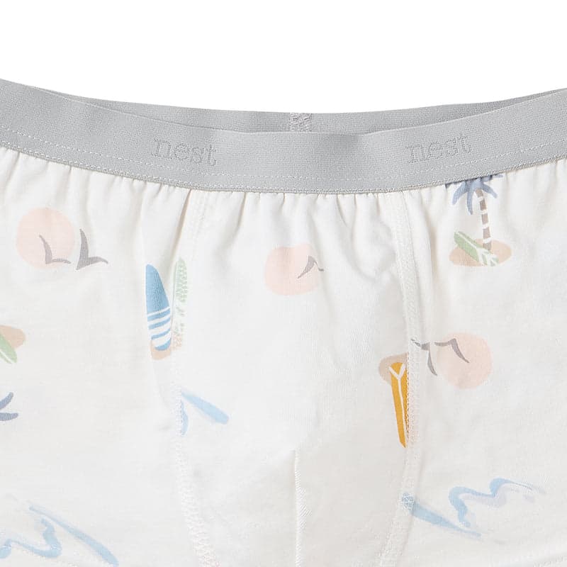 Nest Designs Bamboo Boys Boxer Briefs Underwear Surf Camp 2-pack, white with surf print and light gray waistband
