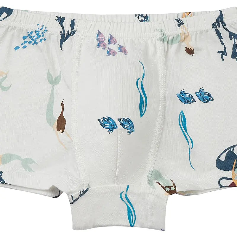 Nest Designs Bamboo Boys Boxer Briefs Underwear (2-pack), white with blue sea print, shown flat with elastic waistband.