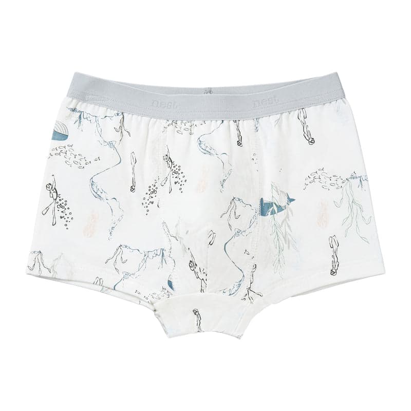 Nest Designs Bamboo Boys Boxer Briefs Underwear Deep Blue Wonders, white with pale blue prints and a grey elastic waistband.