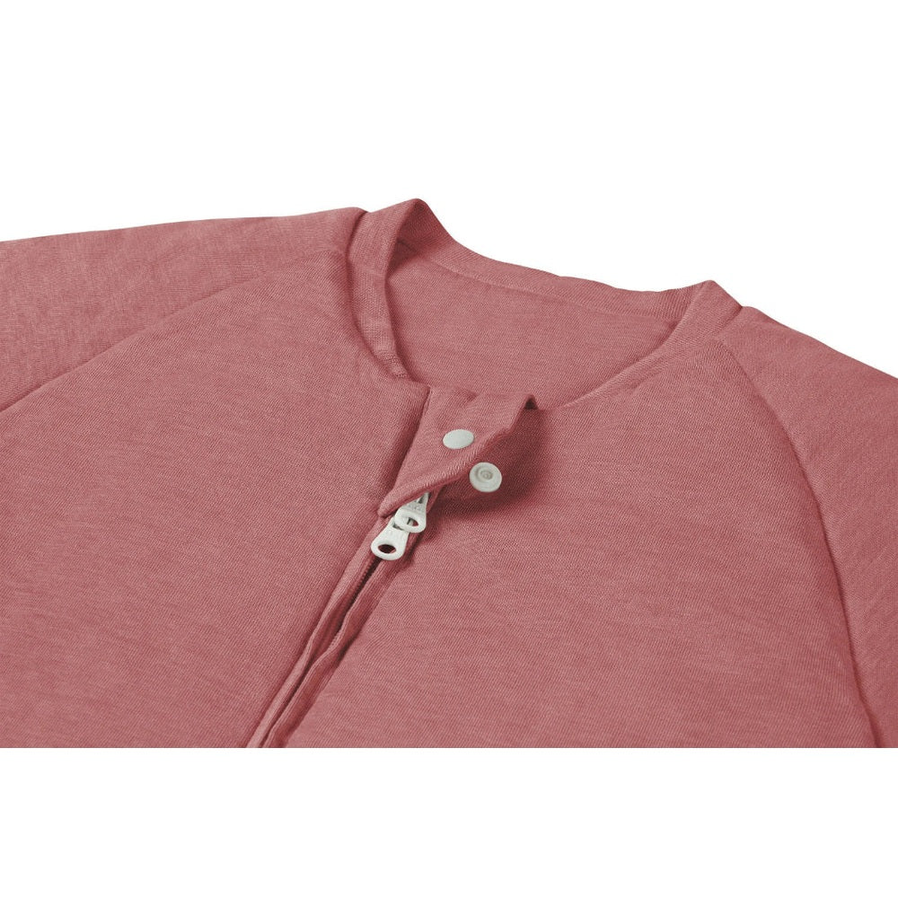 Nest Designs bamboo jersey long-sleeve footed sleep bag in faded rose; zipper partially unzipped with neck snap.
