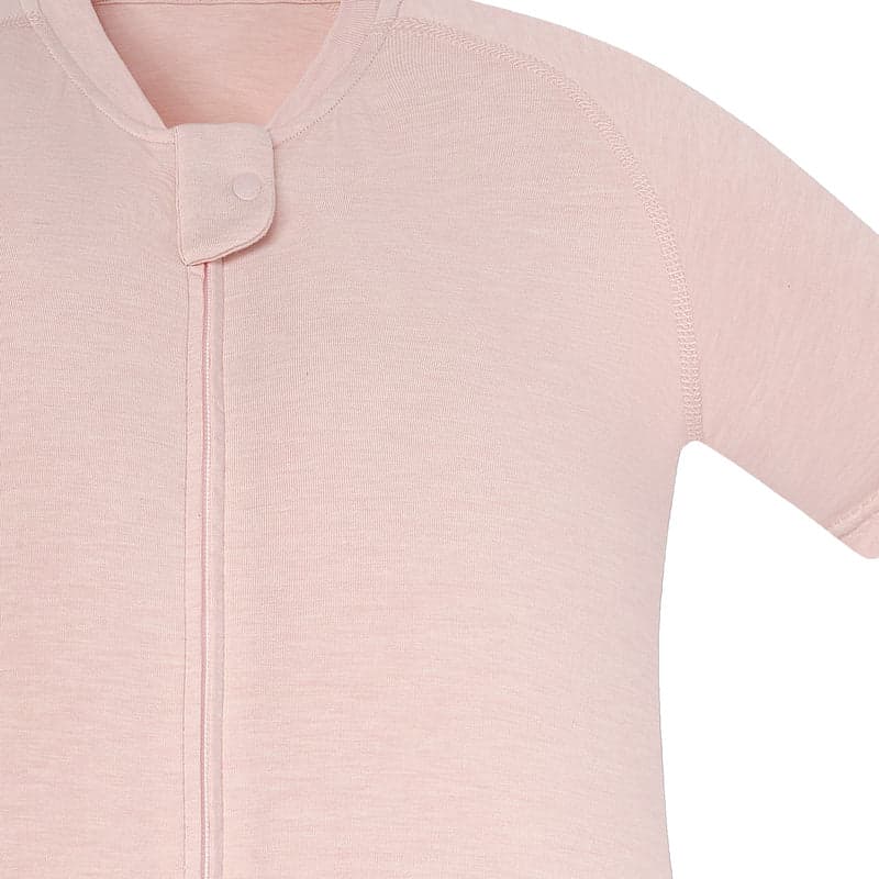 Nest Designs bamboo jersey short-sleeve sleep bag in Rose Smoke, neck snap shows easy dressing.