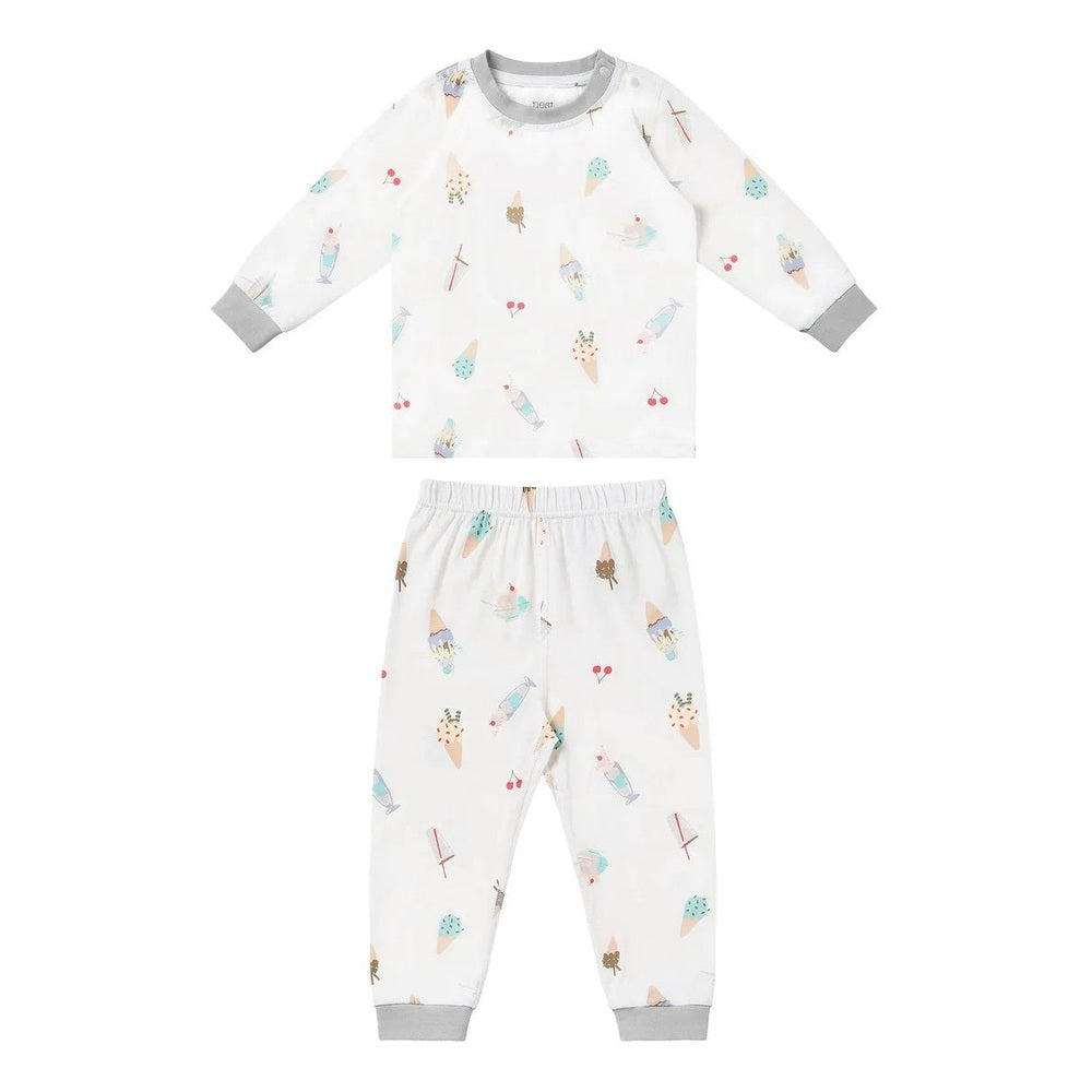 Nest Designs Bamboo Jersey two-piece long-sleeve PJ set in white, pastel ice-cream print, with gray cuffs.