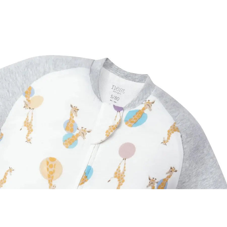 Nest Designs bamboo long sleeve footed sleep bag 1.0 tog with giraffe shapes, gray raglan sleeves displayed