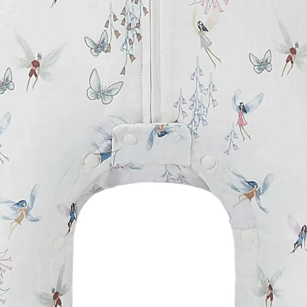 Nest Designs Bamboo Pima long-sleeve footed sleep bag 0.6 Tog in Fairy Tale print, neck opening secured by shoulder snaps.