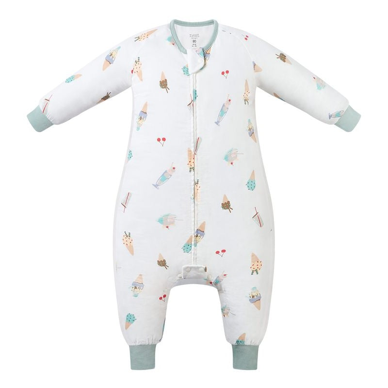 Nest Designs Bamboo Pima Long Sleeve Footed Sleep Bag in ice cream print with blue cuffs and front zipper.