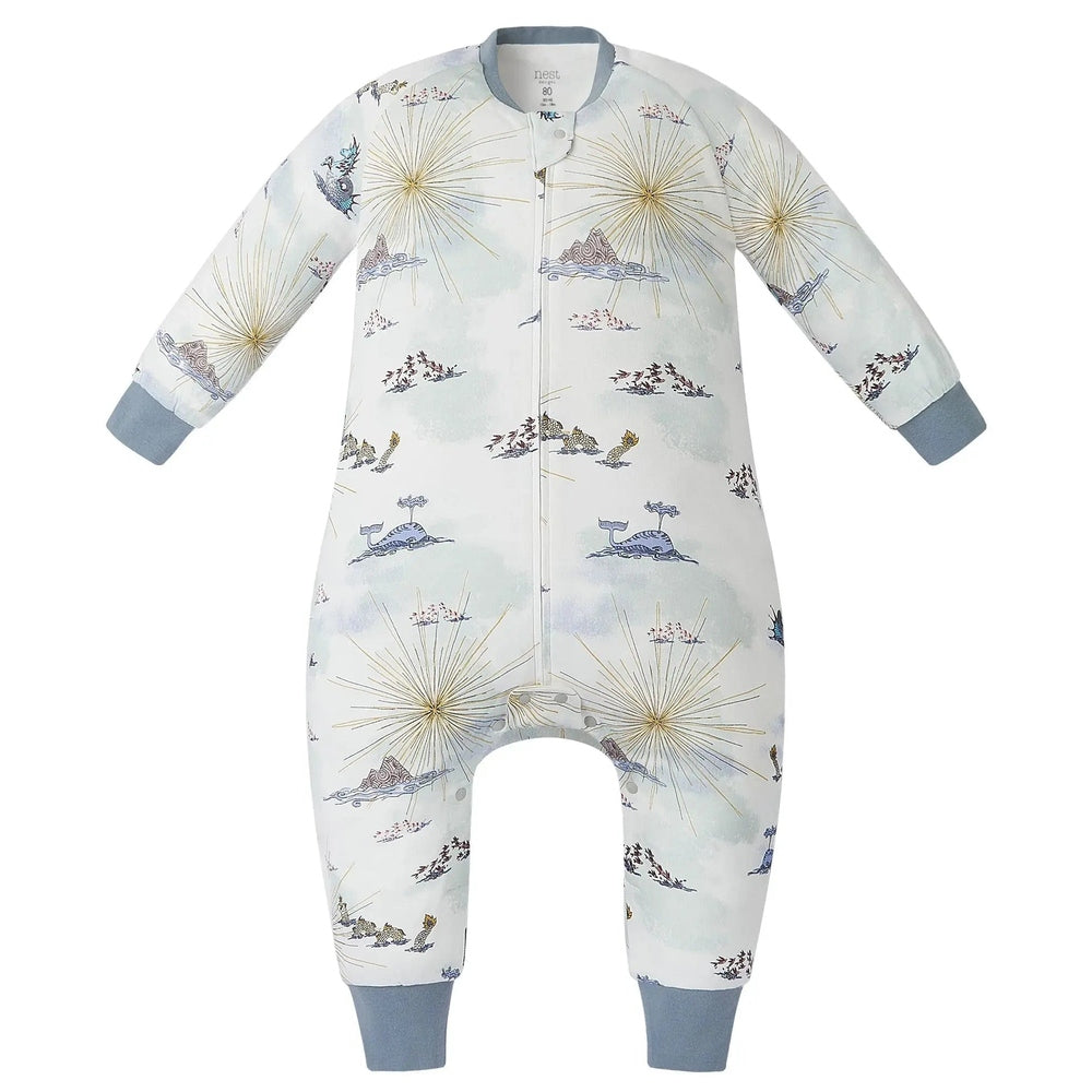 Nest Designs Organic Cotton Long Sleeve Footed Sleep Bag 1.0 Tog Ocean Wonders in pale blue with sunburst print.