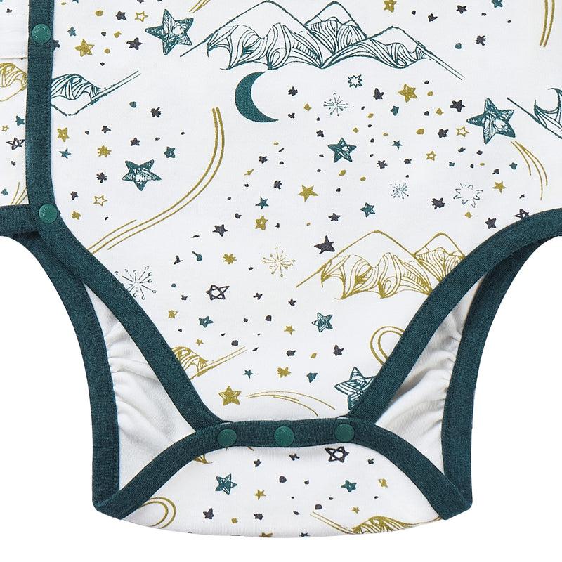 Nest Designs Organic Cotton Long Sleeve Kimono Onesie-Stars White with teal trim, showing side and bottom snaps.