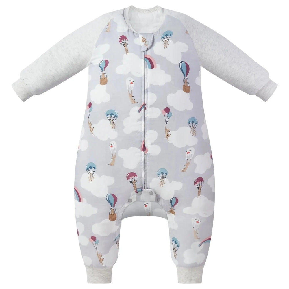 Nest Designs raglan bamboo footed sleep bag, 2.5 Tog, grey with clouds and parachuting meerkats; front zipper for easy changes.