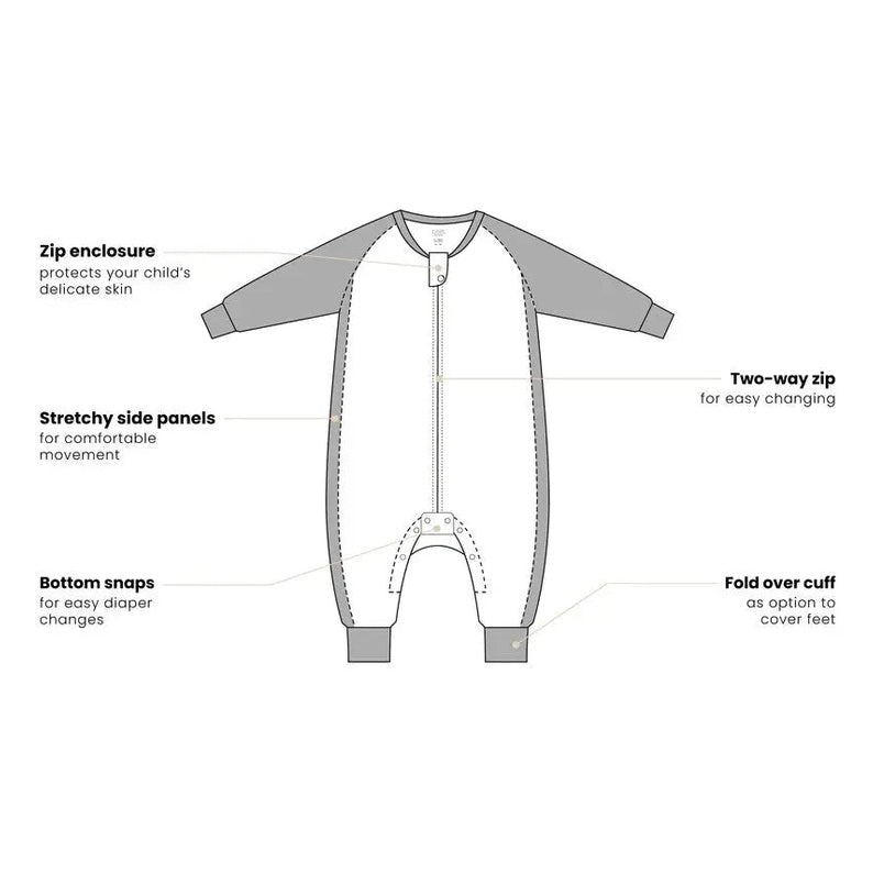 Nest Designs Raglan Bamboo Long Sleeve Footed Sleep Bag 2.5 Tog Meerkats Away, featuring a two-way zip.