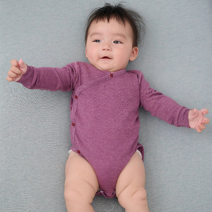 Nest Designs purple long-sleeve kimono onesie for infants; soft knit fabric